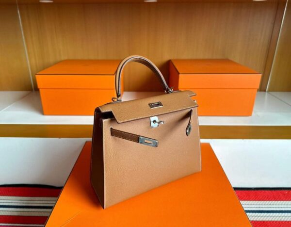 H Factory Bags Kelly Epsom Leather Golden Brown Silver Hardware 25cm Full Handmade