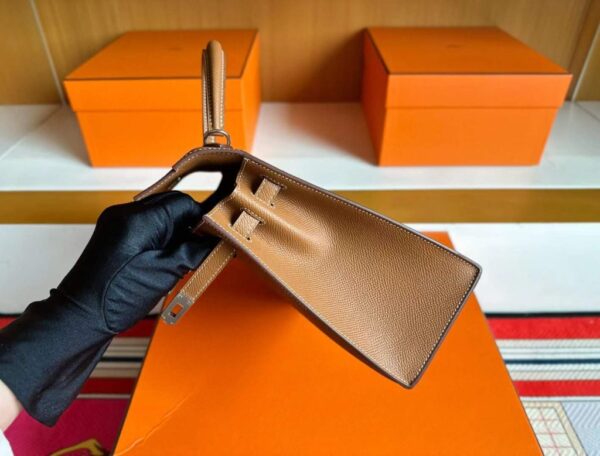 H Factory Bags Kelly Epsom Leather Golden Brown Silver Hardware 25cm Full Handmade