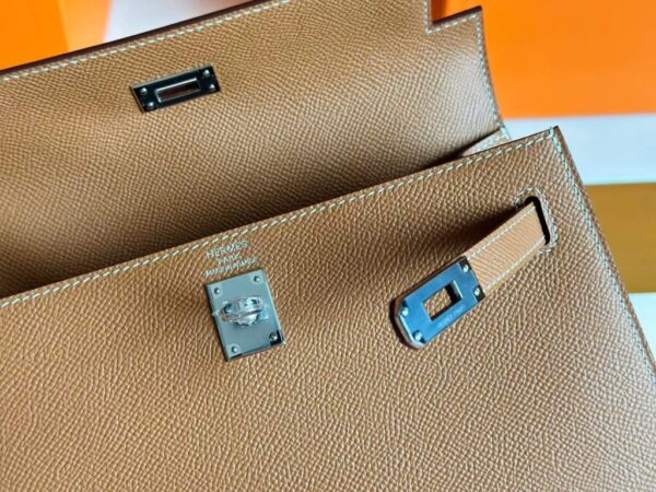 H Factory Bags Kelly Epsom Leather Golden Brown Silver Hardware 25cm Full Handmade