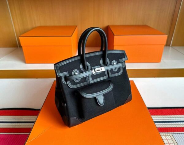 H Factory Bags Birkin Cargo Canvas & Swift Leather Black Silver Hardware 25cm Full Handmade