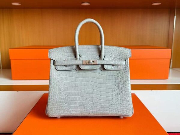 H Factory Bags Birkin Matte Porosus Crocodile CK80 Pearl Grey Silver Hardware 25cm Full Handmade