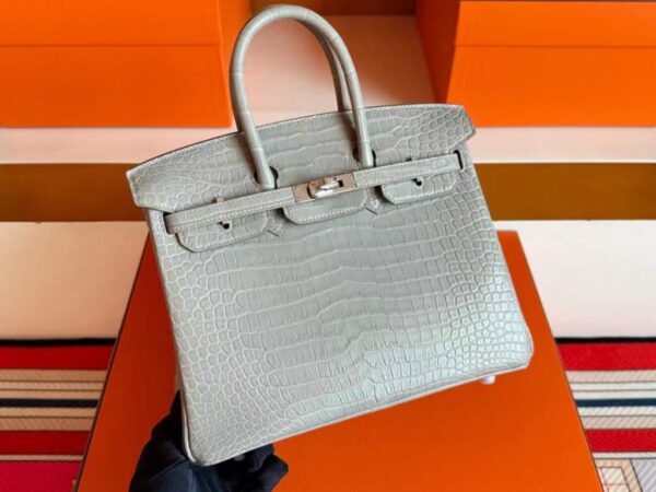 H Factory Bags Birkin Matte Porosus Crocodile CK80 Pearl Grey Silver Hardware 25cm Full Handmade