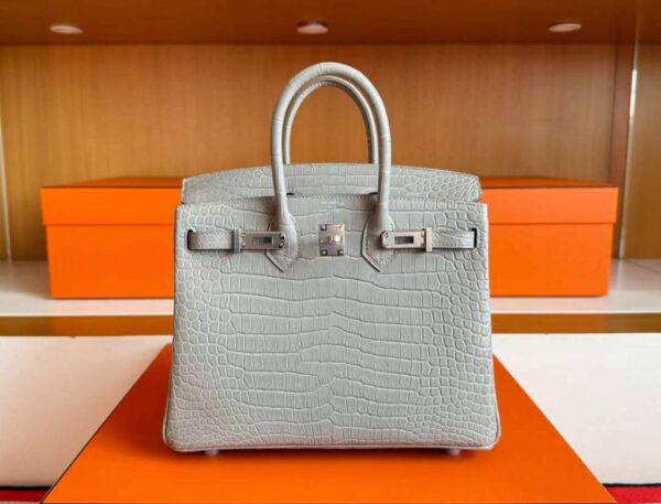H Factory Bags Birkin Matte Porosus Crocodile CK80 Pearl Grey Silver Hardware 25cm Full Handmade