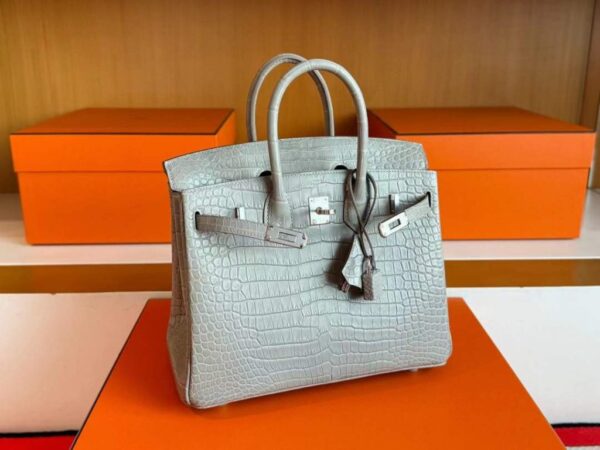 H Factory Bags Birkin Matte Porosus Crocodile CK80 Pearl Grey Silver Hardware 25cm Full Handmade