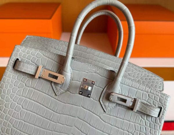 H Factory Bags Birkin Matte Porosus Crocodile CK80 Pearl Grey Silver Hardware 25cm Full Handmade