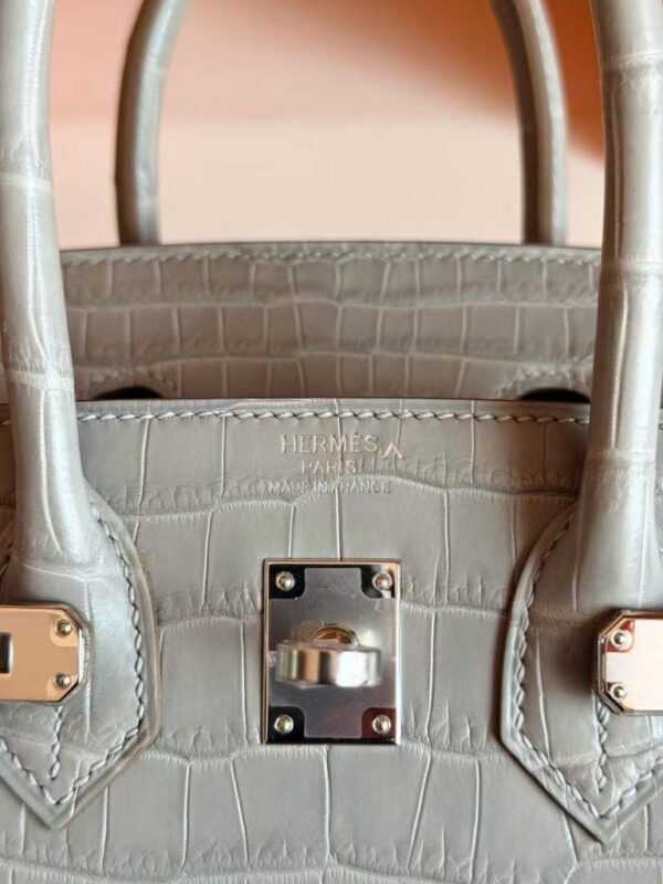 H Factory Bags Birkin Matte Porosus Crocodile CK80 Pearl Grey Silver Hardware 25cm Full Handmade