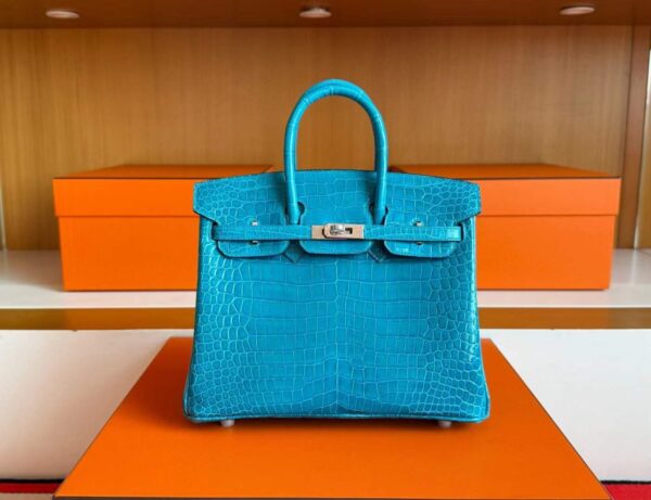 H Factory Bags Birkin Shiny Porosus Crocodile 7W Izmir Blue Silver Hardware 25cm Full Handmade