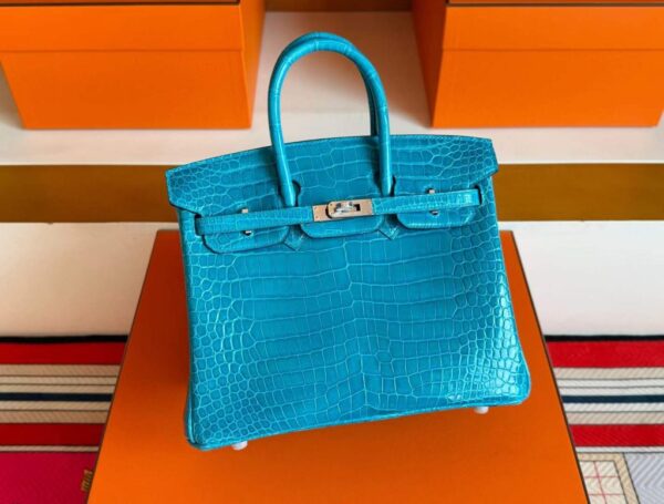 H Factory Bags Birkin Shiny Porosus Crocodile 7W Izmir Blue Silver Hardware 25cm Full Handmade