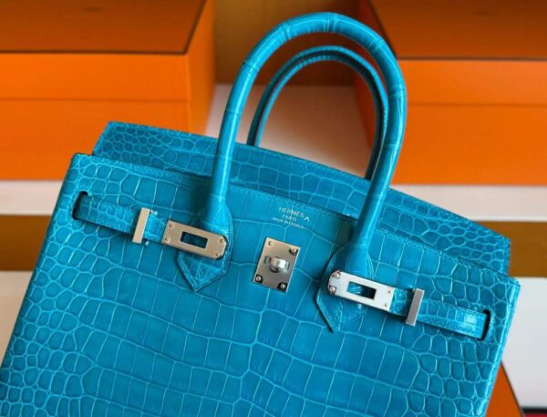 H Factory Bags Birkin Shiny Porosus Crocodile 7W Izmir Blue Silver Hardware 25cm Full Handmade