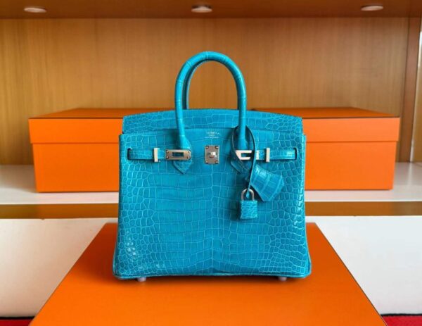 H Factory Bags Birkin Shiny Porosus Crocodile 7W Izmir Blue Silver Hardware 25cm Full Handmade