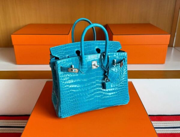 H Factory Bags Birkin Shiny Porosus Crocodile 7W Izmir Blue Silver Hardware 25cm Full Handmade