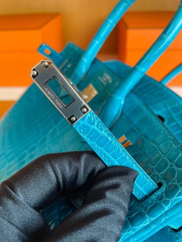 H Factory Bags Birkin Shiny Porosus Crocodile 7W Izmir Blue Silver Hardware 25cm Full Handmade