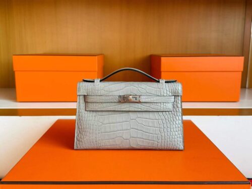 H Factory Bags Mini Kelly Pochette Matte Alligator Crocodile CK80 Pearl Grey Silver Hardware 22cm Full Handmade