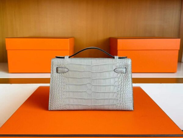 H Factory Bags Mini Kelly Pochette Matte Alligator Crocodile CK80 Pearl Grey Silver Hardware 22cm Full Handmade