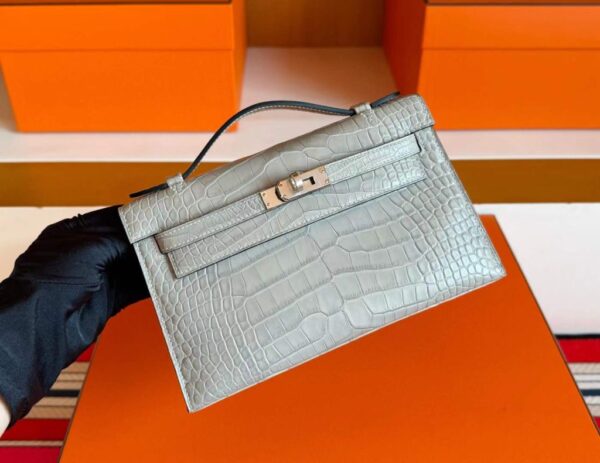 H Factory Bags Mini Kelly Pochette Matte Alligator Crocodile CK80 Pearl Grey Silver Hardware 22cm Full Handmade