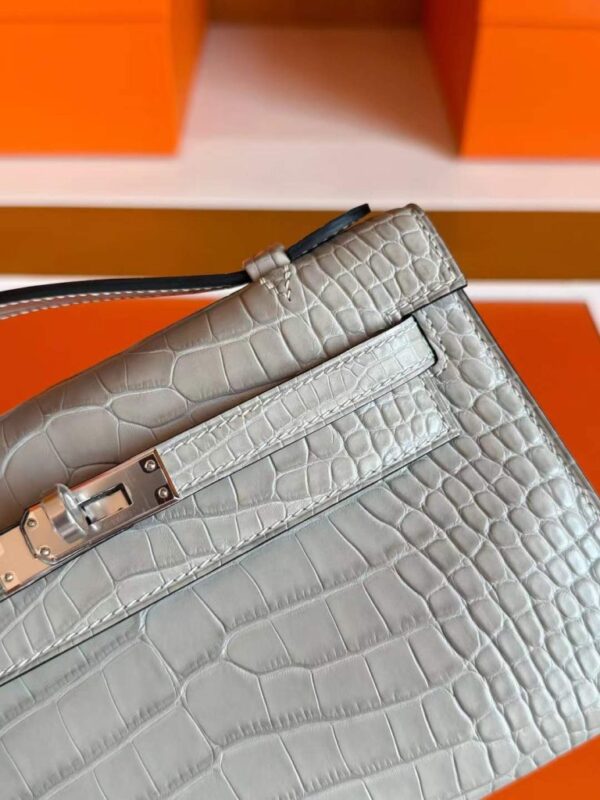 H Factory Bags Mini Kelly Pochette Matte Alligator Crocodile CK80 Pearl Grey Silver Hardware 22cm Full Handmade