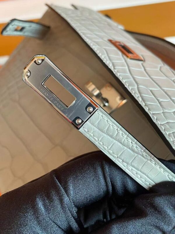 H Factory Bags Mini Kelly Pochette Matte Alligator Crocodile CK80 Pearl Grey Silver Hardware 22cm Full Handmade