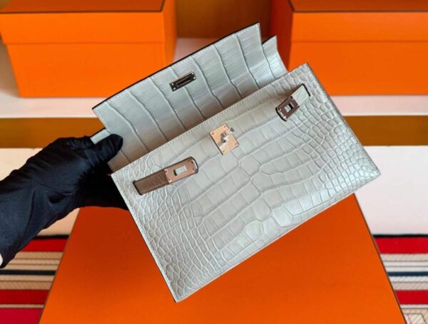 H Factory Bags Mini Kelly Pochette Matte Alligator Crocodile CK80 Pearl Grey Silver Hardware 22cm Full Handmade