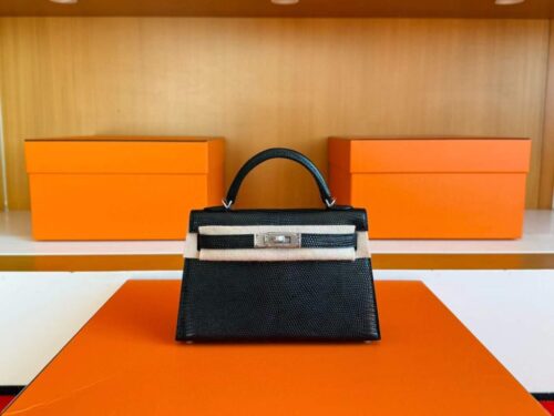 H Factory Bags Mini Kelly Lizard Leather CK89 Black Silver Hardware 22cm Full Handmade