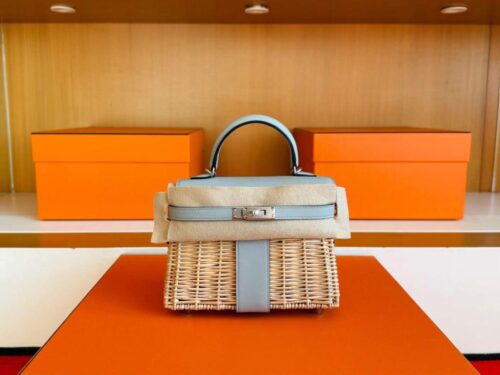 H Factory Bags Mini Kelly Picnic Swift Leather & Bamboo Ice Grey Silver Hardware 19cm Full Handmade