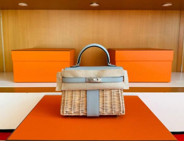 H Factory Bags Mini Kelly Picnic Swift Leather & Bamboo Ice Grey Silver Hardware 19cm Full Handmade