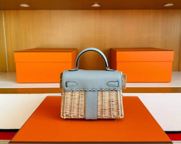 H Factory Bags Mini Kelly Picnic Swift Leather & Bamboo Ice Grey Silver Hardware 19cm Full Handmade