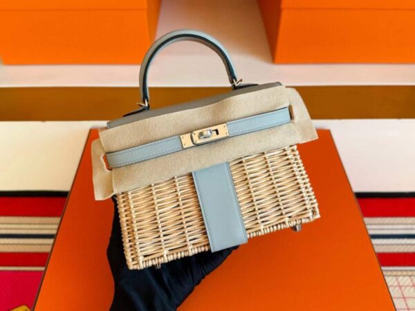 H Factory Bags Mini Kelly Picnic Swift Leather & Bamboo Ice Grey Silver Hardware 19cm Full Handmade