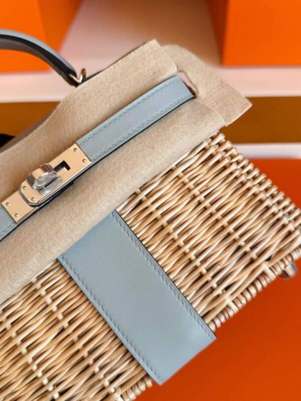 H Factory Bags Mini Kelly Picnic Swift Leather & Bamboo Ice Grey Silver Hardware 19cm Full Handmade