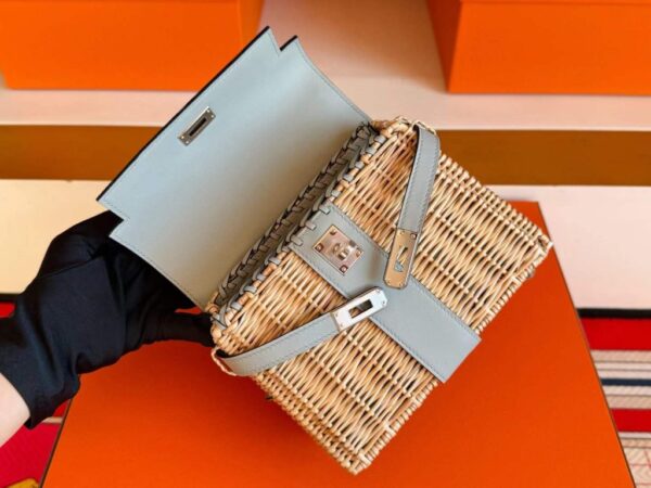 H Factory Bags Mini Kelly Picnic Swift Leather & Bamboo Ice Grey Silver Hardware 19cm Full Handmade