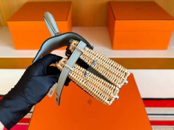 H Factory Bags Mini Kelly Picnic Swift Leather & Bamboo Ice Grey Silver Hardware 19cm Full Handmade