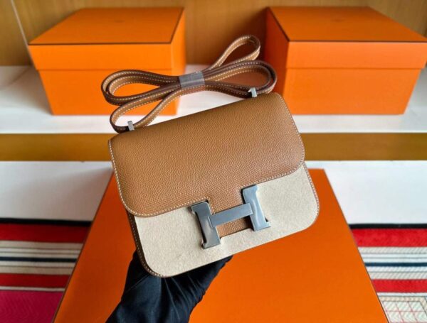 H Factory Bags Constance Epsom Leather Gold Brown Silver Hardware 18cm Full Handmade