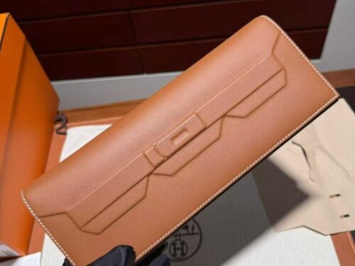 H Factory Bags Birkin Shadow Clutch Swift Leather CK37 Golden Brown 26cm Full Handmade