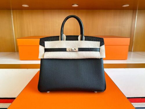 H Factory Bags Birkin Touch Togo & Matte Alligator Crocodile CK89 Black Silver Hardware 25cm Full Handmade