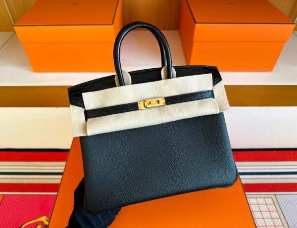 H Factory Bags Birkin Touch Togo & Matte Alligator Crocodile CK89 Black Gold Hardware 25cm Full Handmade