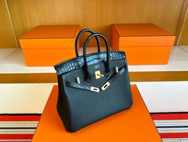 H Factory Bags Birkin Touch Togo & Matte Alligator Crocodile CK89 Black Gold Hardware 25cm Full Handmade