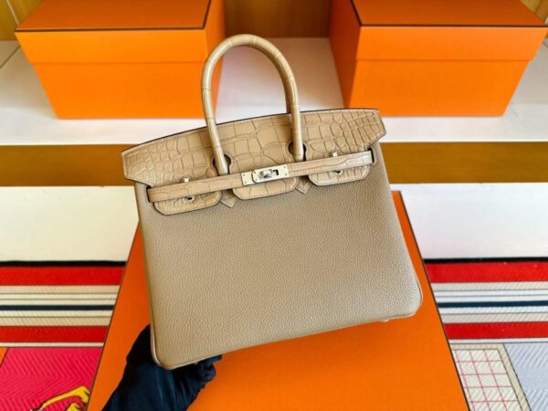 H Factory Bags Birkin Touch Togo & Matte Alligator Crocodile Tea Khaki Silver Hardware 25cm Full Handmade