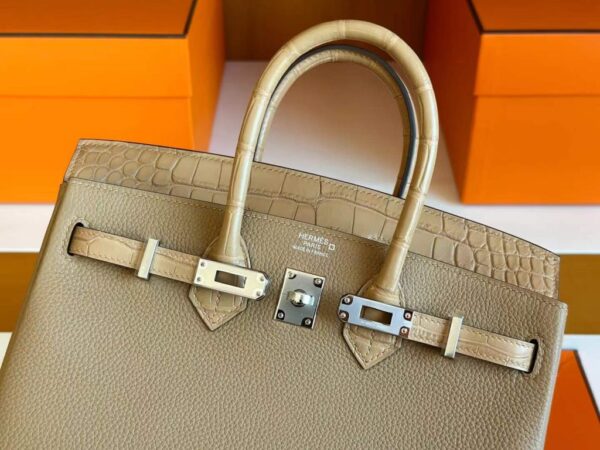 H Factory Bags Birkin Touch Togo & Matte Alligator Crocodile Tea Khaki Silver Hardware 25cm Full Handmade