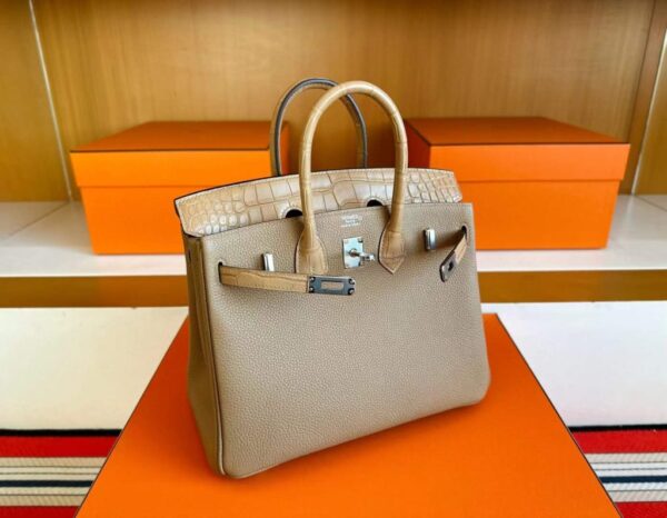H Factory Bags Birkin Touch Togo & Matte Alligator Crocodile Tea Khaki Silver Hardware 25cm Full Handmade