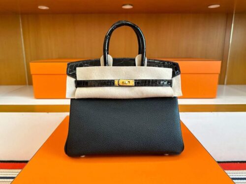 H Factory Bags Birkin Touch Togo & Shiny Alligator Crocodile CK89 Black Gold Hardware 25cm Full Handmade