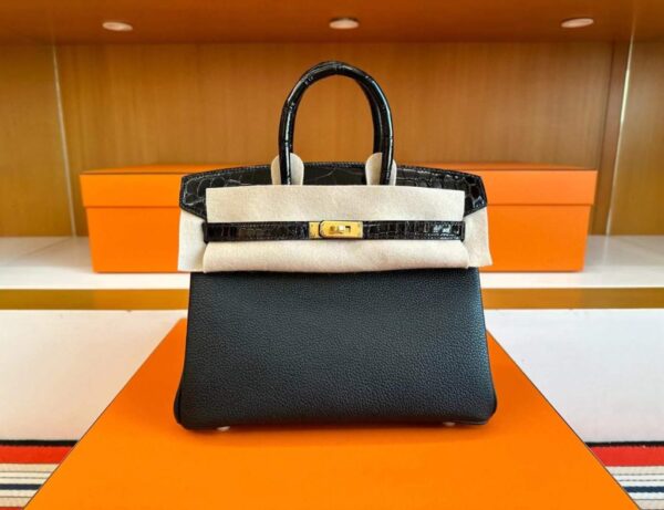 H Factory Bags Birkin Touch Togo & Shiny Alligator Crocodile CK89 Black Gold Hardware 25cm Full Handmade