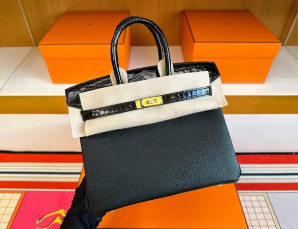 H Factory Bags Birkin Touch Togo & Shiny Alligator Crocodile CK89 Black Gold Hardware 25cm Full Handmade