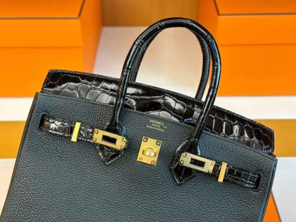 H Factory Bags Birkin Touch Togo & Shiny Alligator Crocodile CK89 Black Gold Hardware 25cm Full Handmade