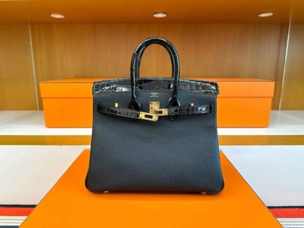 H Factory Bags Birkin Touch Togo & Shiny Alligator Crocodile CK89 Black Gold Hardware 25cm Full Handmade