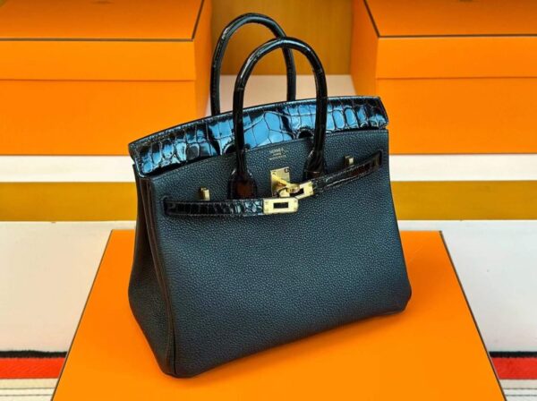 H Factory Bags Birkin Touch Togo & Shiny Alligator Crocodile CK89 Black Gold Hardware 25cm Full Handmade