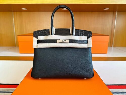 H Factory Bags Birkin Touch Togo & Matte Alligator Crocodile CK89 Black Silver Hardware 30cm Full Handmade