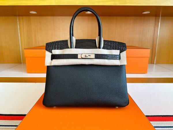 H Factory Bags Birkin Touch Togo & Matte Alligator Crocodile CK89 Black Silver Hardware 30cm Full Handmade