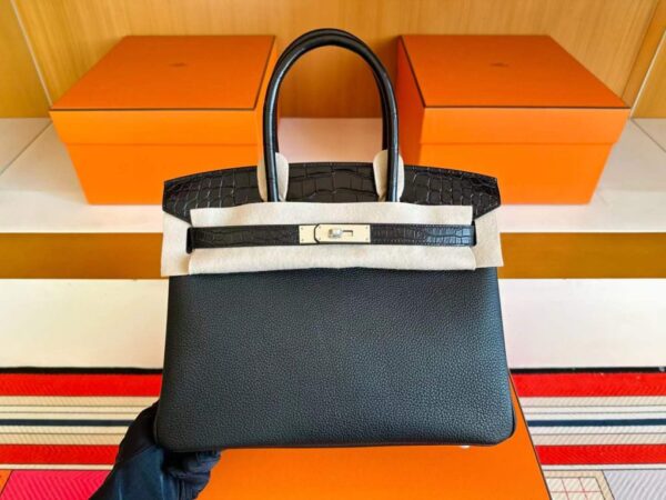 H Factory Bags Birkin Touch Togo & Matte Alligator Crocodile CK89 Black Silver Hardware 30cm Full Handmade