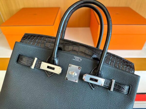 H Factory Bags Birkin Touch Togo & Matte Alligator Crocodile CK89 Black Silver Hardware 30cm Full Handmade