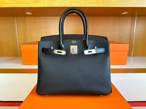 H Factory Bags Birkin Touch Togo & Matte Alligator Crocodile CK89 Black Silver Hardware 30cm Full Handmade