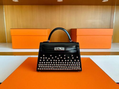 H Factory Bags Mini Kelly Rivet Style Shiny Box Leather CK89 Black Silver Hardware 19cm Full Handmade
